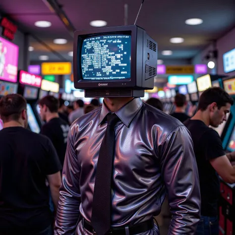 concept-dark,A man with a TV for a head, displaying static, standing in the middle of a crowded 90s arcade, while neon lights reflect off his metallic suit.
<lora:concept-dark:1>