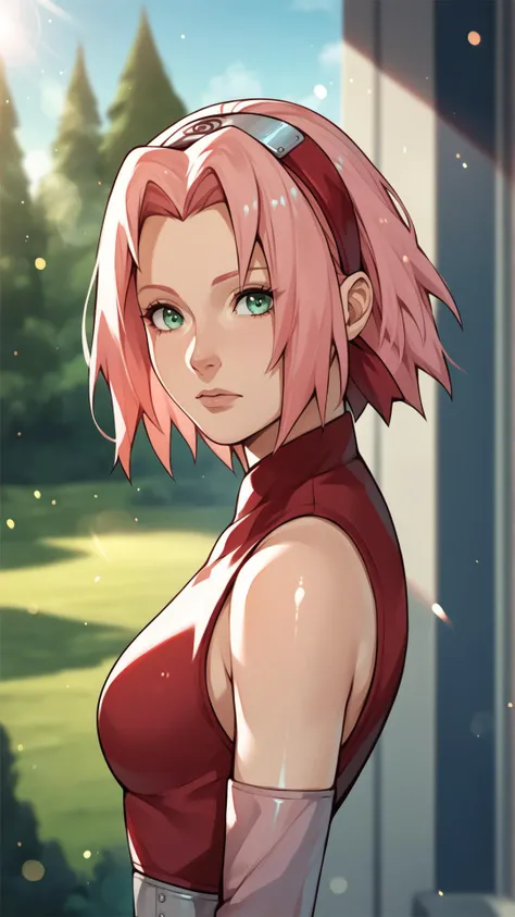 score_9,score_8_up,score_7_up,score_6_up,score_5_up,score_4_up BREAK skinny,choker,medium breasts,detached sleeves,outdoors,forest,shiny skin,bokeh,bloom,indoors,light particles,castle,space,<lora:SakuraShippudenXL:0.8>,1girl,haruno sakura,pink hair,short,hair,green eyes,forehead protector,