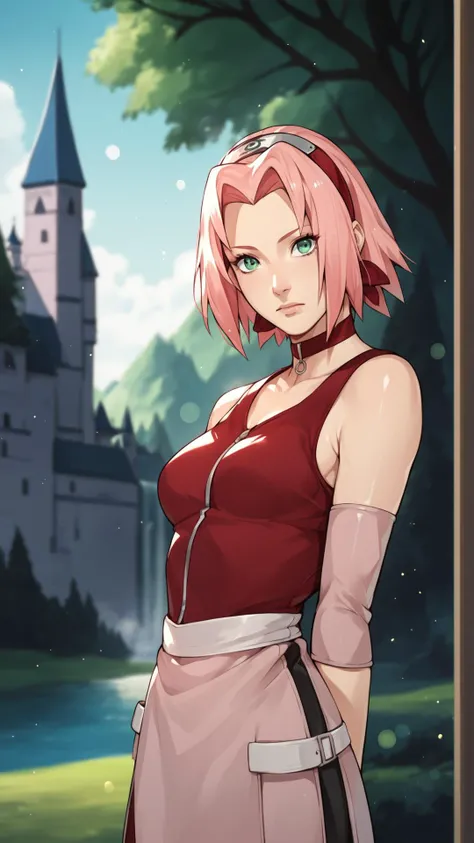 score_9,score_8_up,score_7_up,score_6_up,score_5_up,score_4_up BREAK skinny,choker,medium breasts,detached sleeves,outdoors,forest,shiny skin,bokeh,bloom,indoors,light particles,castle,space,<lora:SakuraShippudenXL:0.8>,1girl,haruno sakura,pink hair,short,hair,green eyes,forehead protector,