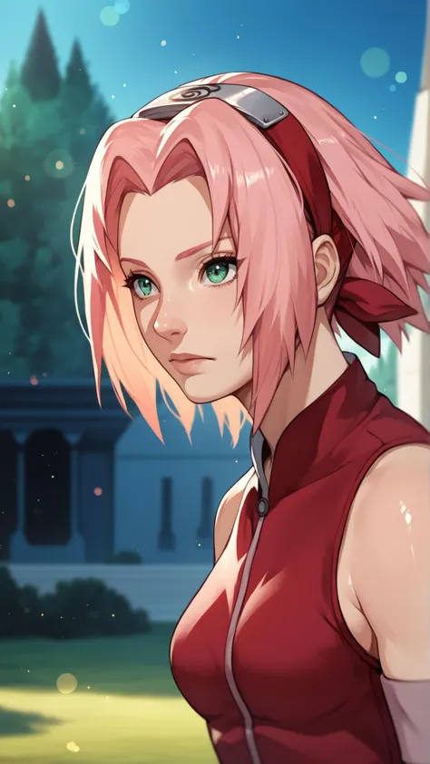 score_9,score_8_up,score_7_up,score_6_up,score_5_up,score_4_up BREAK skinny,choker,medium breasts,detached sleeves,outdoors,forest,shiny skin,bokeh,bloom,indoors,light particles,castle,space,<lora:SakuraShippudenXL:0.8>,1girl,haruno sakura,pink hair,short,hair,green eyes,forehead protector,