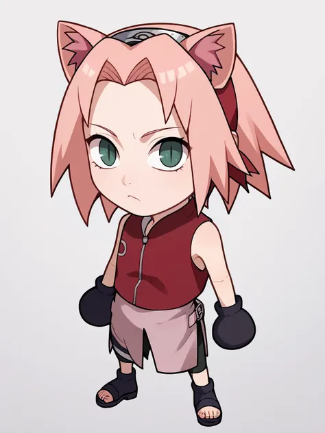 score_9, score_8_up, score_7_up, BREAK,
1girl, necoarc, cat ears,
 haruno sakura, pink hair, short hair, green eyes, sleeveless, red shirt, forehead protector, bike shorts, shorts, black gloves,
standing, chibi, slit pupils, solo, full body, white background <lora:necoarc-guy-PONY-v1:1>   <lora:SakuraShippudenXL:1>