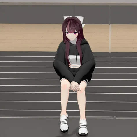 long hair, white footwear, hood, bow, shoes, hoodie