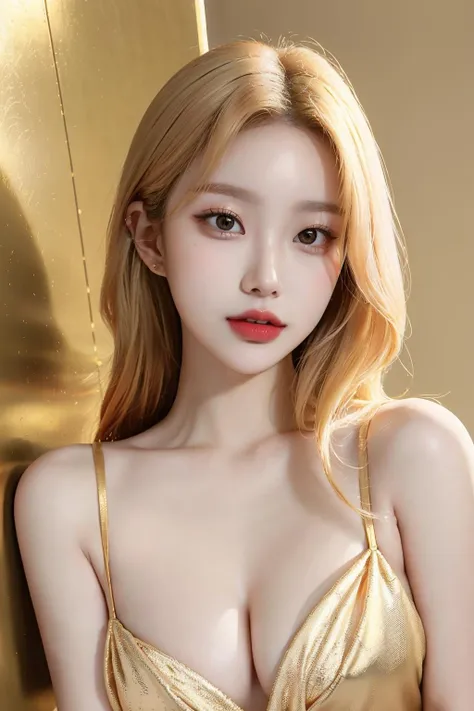 (masterpiece, high quality:1.2), fisheye, (upper body:1.1), close-up, solo, model photoshoot, (golden theme:1.1), a stylish girl, sexy, golden hair, (golden lipstick, colored lipstick:1.1), golden eye shadow, blush, (korean, 22 years old:1.3), sexy, pure innocence, (light smile:0.8), whore vibe, in love, golden dress, cleavage, detailed natural skin texture, seductive gaze, detailed lighting, (golden wall:1.1) background, shallow depth of field, romantic setting, dreamy pastel palette, whimsical details, captured on film, nsfw <lora:koreanDollLikenessL:0.7>
