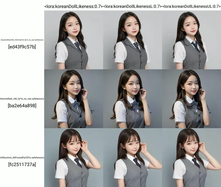 (masterpiece, best quality:1.3), upper body, solo, a cute girl, school uniform, simple grey background <lora:koreanDollLikeness:0.7>