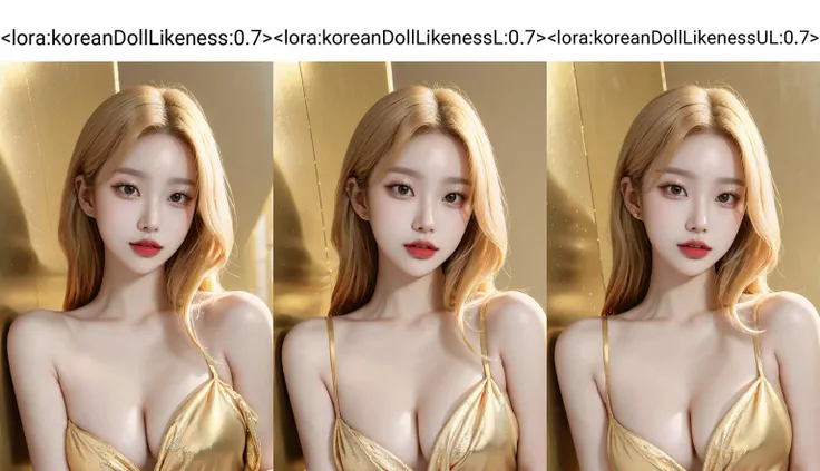 (masterpiece, high quality:1.2), fisheye, (upper body:1.1), close-up, solo, model photoshoot, (golden theme:1.1), a stylish girl, sexy, golden hair, (golden lipstick, colored lipstick:1.1), golden eye shadow, blush, (korean, 22 years old:1.3), sexy, pure innocence, (light smile:0.8), whore vibe, in love, golden dress, cleavage, detailed natural skin texture, seductive gaze, detailed lighting, (golden wall:1.1) background, shallow depth of field, romantic setting, dreamy pastel palette, whimsical details, captured on film, nsfw <lora:koreanDollLikeness:0.7>