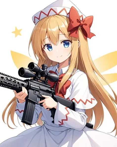 lily white,1girl, white_background, smile, simple_background, rifle, solo, capelet, long_sleeves, v-shaped_eyebrows, white_dress, holding_gun, hat_bow, machine_gun, white_headwear, closed_mouth
<lora:lily_white_image2706_2023-12-17-000010:1>,star-shaped_pupils,symbol-shaped_pupils,. gorgeous,key visual, vibrant, studio anime,award-winning, professional, highly detailed,high budget, cinemascope