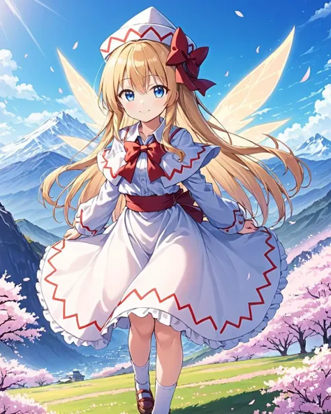 lily white,1girl, solo, smile, capelet, day, fairy_wings, blue_sky, cherry_blossoms, long_sleeves, petals, sash, mountain, looking_at_viewer, white_dress, outdoors, cloud, full_body, ribbon, bobby_socks, red_bowtie, hat_bow, mary_janes
<lora:lily_white_image2706_2023-12-17-000010:1>,star-shaped_pupils,symbol-shaped_pupils,. gorgeous,key visual, vibrant, studio anime,award-winning, professional, highly detailed,high budget, cinemascope