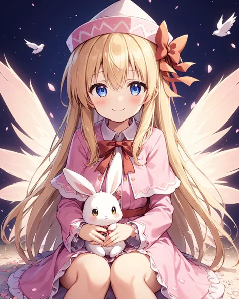 lily white,1girl, hat, smile, rabbit, bird, solo, sitting, pink_dress, fairy_wings, long_sleeves, ribbon, capelet, blush, petals, looking_at_viewer, animal, animal_on_lap
<lora:lily_white_image2706_2023-12-17-000010:1>,star-shaped_pupils,symbol-shaped_pupils,. gorgeous,key visual, vibrant, studio anime,award-winning, professional, highly detailed,high budget, cinemascope