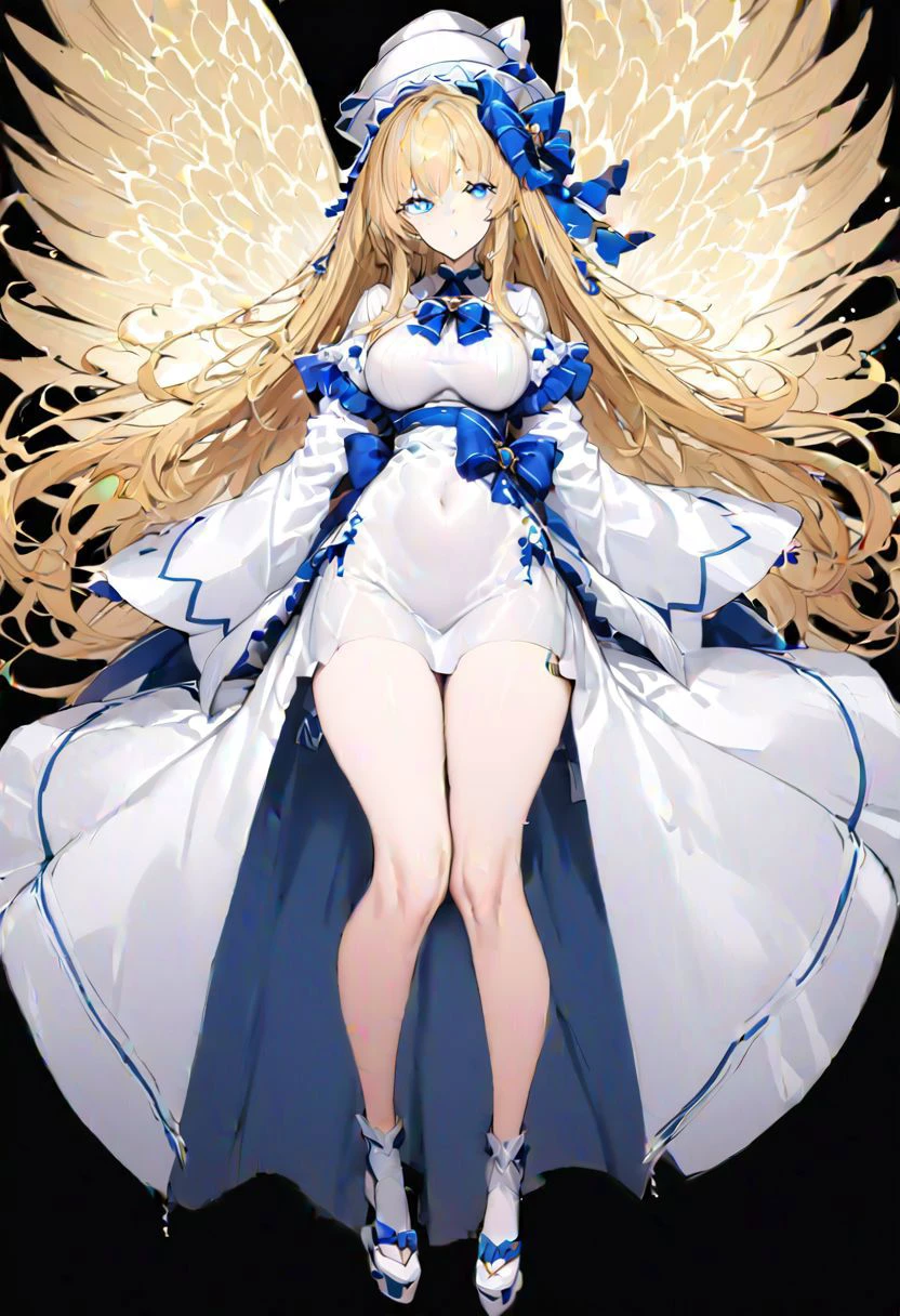 masterpiece, best quality, ultra-detailed, beautiful, nai3, 1girl, solo, full_body, tachi-e,
lily_white, solo, 1girl, long hair, blonde hair, blue eyes, hat, blonde hair, long hair, blue eyes, bow, wide sleeves, white dress, wings,