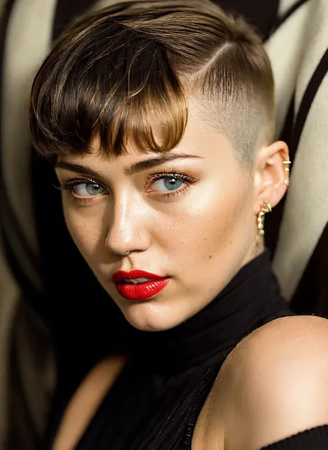 Gorgeous european woman with very short hair, short hair with fringe, wet hair, hair slicked back, combed straight back, slick hair, streaked blonde hair, seductive pose, katy perry, torn ragged clothes, cleavage, solid dark grey background