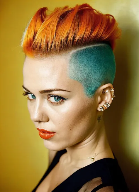 analog style, modelshoot style, portrait of sks woman by Flora Borsi, style by Flora Borsi, bold, bright colours, orange Mohawk haircut, ((Flora Borsi)), <lora:locon_miley_v1_from_v3_64_32:1.3>