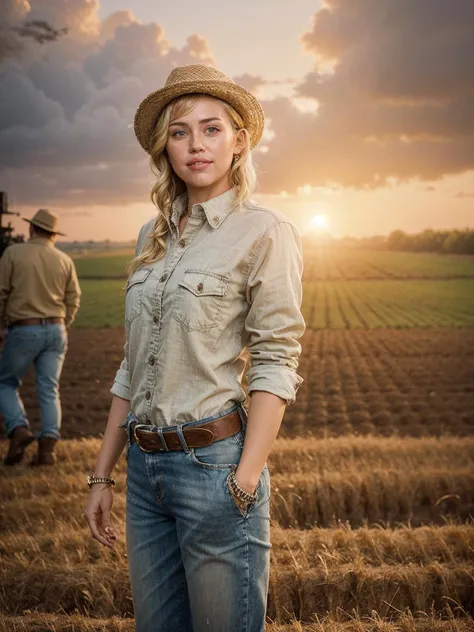 (sks woman:1.2) standing on a farm, farmer outfit, flanell shirt, smiling, sunset, intricate details, best quality, masterpiece, natural lighting, rich colors, (realistic:1.2), lifelike textures, sharp focus, RAW color photo, 20 megapixel, canon eos r3,
<lora:ReaLora:0.7>, <lora:locon_miley_v1_from_v3_64_32:1.3>