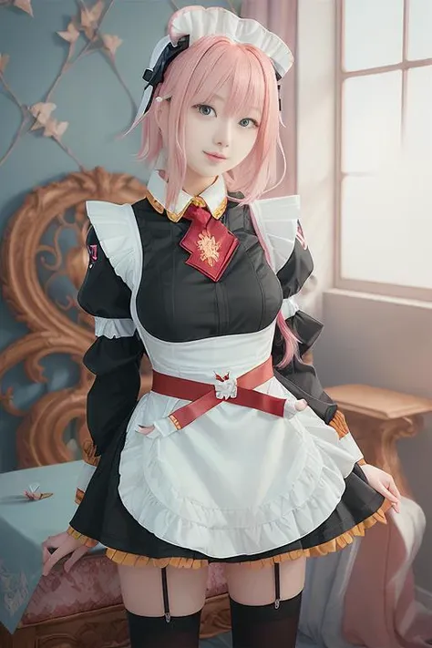 ((extremely detailed CG unity 8k wallpaper)), (masterpiece:1.4), (best quality:1.4), (best quality), (ultra-detailed), (best illustration), (best shadow), (photorealistic:1.4), real human skin, ultra-high res, 8K, CG, (extremely delicate and beautiful:1.2), ((looking at viewer)), 1girl, solo, cute, (flat chest:1.4), blurry background, astolfo_md, black maid dress with white apron, red waist ribbon,red necktie with griffin print, <lora:Astolfo_MaidV1.5:0.8>,