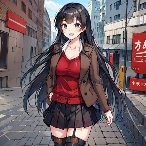 agano, 1girl, solo, long_hair, looking_at_viewer, smile, open_mouth, skirt, shirt, black_hair, thighhighs, green_eyes, jacket, white_shirt, cowboy_shot, pleated_skirt, alternate_costume, black_thighhighs, miniskirt, black_skirt, sweater, coat, arms_behind_back, brown_skirt, brown_jacket, red_sweater, ((( street scenery))), from above, height difference, <lora:Giantess:1.4>, masterpiece, best quality, solo, ((night))