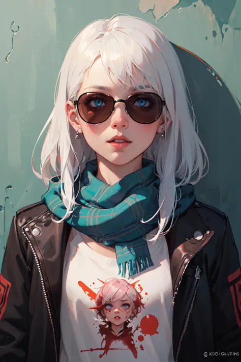 highly detailed portrait of a sewer emo punk lady student, sunglasses, blue eyes, tartan scarf, white hair by atey ghailan, by greg rutkowski, by greg tocchini, by james gilleard, by joe fenton, by kaethe butcher, gradient yellow, black, brown and magenta color scheme, grunge aesthetic!!! graffiti tag wall background, Masterpiece, best quality