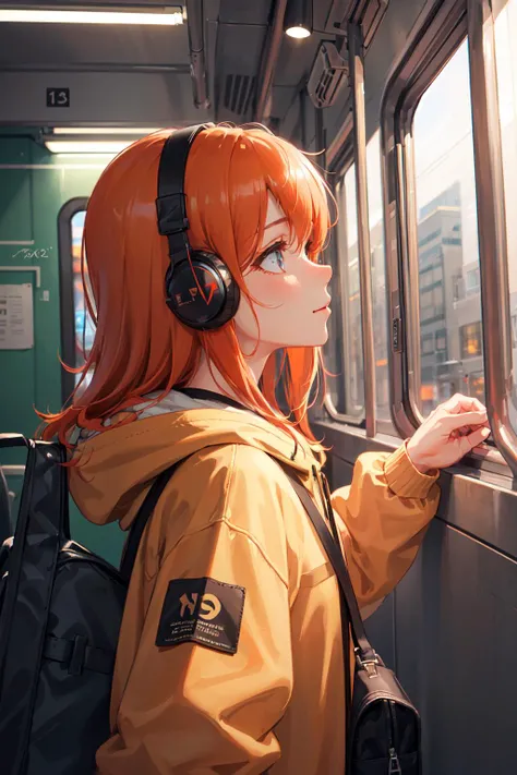 (masterpiece, sidelighting, ultra-detailed, finely detailed beautiful eyes: 1.2), 1girl, artist name, bag, building, dated, from side, headphones, hood, hood down, hooded jacket, hoodie, jacket, long hair, orange hair, profile, red hair, signature, solo, train, train interior, upper body, Masterpiece, best quality