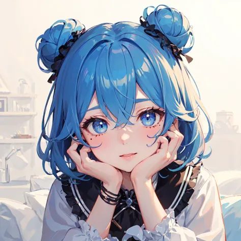 (masterpiece, sidelighting, finely detailed beautiful eyes: 1.2), 1girl, bangs, blue eyes, blue hair, eyebrows visible through hair, hair between eyes, hair bun, hands on own cheeks, hands on own face, head rest, jewelry, long sleeves, looking at viewer, medium hair, mole, mole under eye, solo, upper body, virtual youtuber, Masterpiece, best quality,
