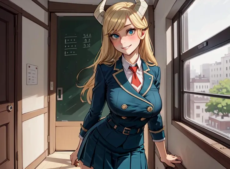 (((standing straight))), (((Sharp face))), ((sharp cheeks)), (solo:2.0), toned, pinup, chest, detailed thighs , large thighs, milf, big breasts, large breasts, beautiful detailed face, detailed lips, detailed eyes, perfect eyes, sharp eye, beautiful eyes , masterpiece, best quality, illustration, multicolored background, backlighting, masterpiece,<lora:ponyTsunotoriLora_v10:0.5>, pony tsunotori, long hair, looking at viewer, blush, smile, blue eyes, blonde hair, horns, aqua eye, ratatatat74, <lora:ratatatat74StyleLora_ratatatat7470:0.5>,school uniform,double breasted jacket, double breasted, red necktie, blue skirt, in doors, classroom,