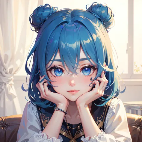 (masterpiece, sidelighting, finely detailed beautiful eyes: 1.2), 1girl, bangs, blue eyes, blue hair, eyebrows visible through hair, hair between eyes, hair bun, hands on own cheeks, hands on own face, head rest, jewelry, long sleeves, looking at viewer, medium hair, mole, mole under eye, solo, upper body, virtual youtuber, Masterpiece, best quality,