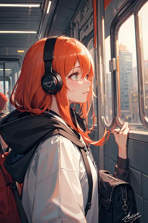 (masterpiece, sidelighting, ultra-detailed, finely detailed beautiful eyes: 1.2), 1girl, artist name, bag, building, dated, from side, headphones, hood, hood down, hooded jacket, hoodie, jacket, long hair, orange hair, profile, red hair, signature, solo, train, train interior, upper body, Masterpiece, best quality