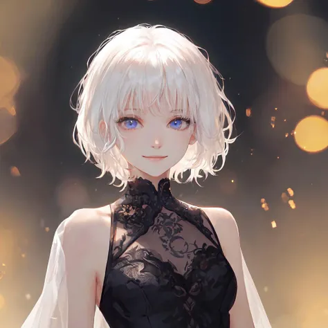 (masterpiece, sidelighting, finely detailed beautiful eyes: 1.2), (women, small breasts, head, white hair, smile, white eyes :1.1), 1girl, solo, white hair, short hair, galaxy background, looking at viewer,(depth of field, blurry, blurry background, bokeh:1.4), black clothes, Masterpiece, best quality
