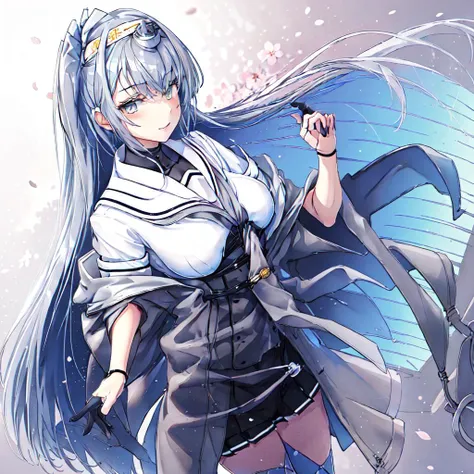 masterpiece, best quality, fuyutsuki, 1girl, solo, long_hair, skirt, thighhighs, gloves, school_uniform, grey_hair, pleated_skirt, serafuku, black_skirt, sailor_collar, neckerchief, grey_eyes, headband, one_side_up, white_sailor_collar, shawl, microskirt, hachimaki, grey_thighhighs, white_headband, grey_neckerchief, japan, street, park, river, bridge, sakura, sakura blossom,