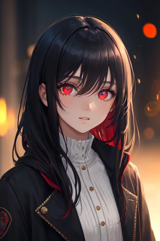 (masterpiece, sidelighting, finely detailed beautiful eyes: 1.2), 1girl, bangs, black hair, blurry, blurry background, blurry foreground, colored inner hair, depth of field, glowing, glowing eyes, hair between eyes, jacket, looking at viewer, parted lips, red eyes, layered hair, solo, upper body,, Masterpiece, best quality