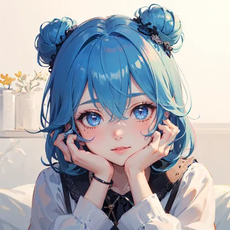 (masterpiece, sidelighting, finely detailed beautiful eyes: 1.2), 1girl, bangs, blue eyes, blue hair, eyebrows visible through hair, hair between eyes, hair bun, hands on own cheeks, hands on own face, head rest, jewelry, long sleeves, looking at viewer, medium hair, mole, mole under eye, solo, upper body, virtual youtuber, Masterpiece, best quality,