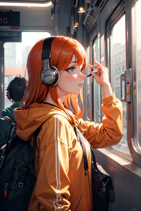 (masterpiece, sidelighting, ultra-detailed, finely detailed beautiful eyes: 1.2), 1girl, artist name, bag, building, dated, from side, headphones, hood, hood down, hooded jacket, hoodie, jacket, long hair, orange hair, profile, red hair, signature, solo, train, train interior, upper body, Masterpiece, best quality