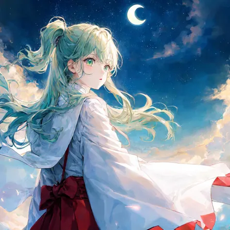anime minimalist, 1girl, cloud, crescent moon, full moon, green hair, green theme, moon, moonlight, night, night sky, planet, red moon, shooting star, sky, solo, star \(sky\), star \(symbol\), starry sky, sun, Masterpiece, best quality, <lora:minimalistAnimeStyle_v10:-1>