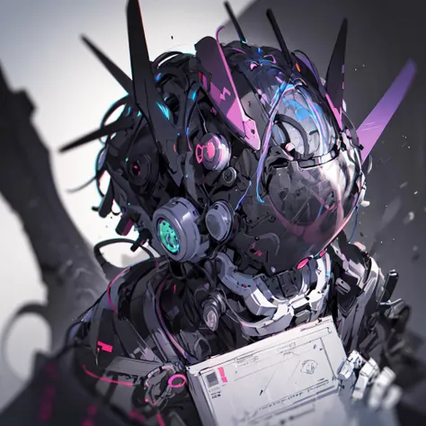 1boy, a cyborg in a cyberhelmet head mask in the style of Jin Kagetsu, James Jean and wlop, highly detailed, intricate filigree, holographic, iridescent, holographic undertones, pitch bending, purple, Masterpiece, best quality, <lora:cyberhelmetWearable_cyberhelmetv02:1>