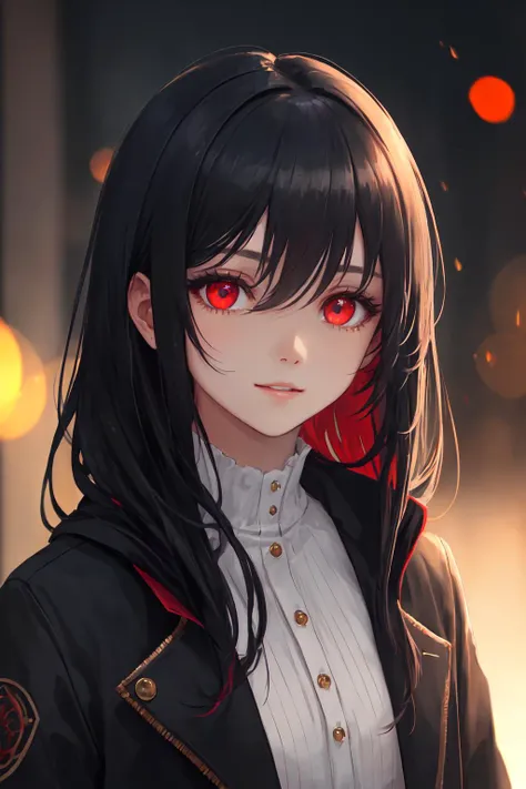 (masterpiece, sidelighting, finely detailed beautiful eyes: 1.2), 1girl, bangs, black hair, blurry, blurry background, blurry foreground, colored inner hair, depth of field, glowing, glowing eyes, hair between eyes, jacket, looking at viewer, parted lips, red eyes, layered hair, solo, upper body,, Masterpiece, best quality