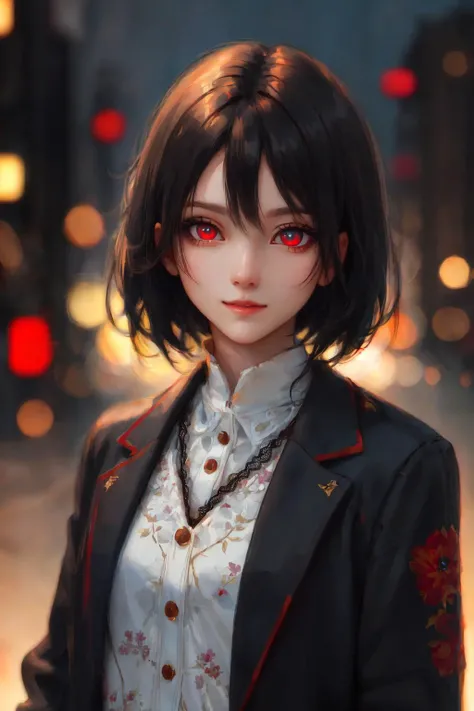 (masterpiece, sidelighting, finely detailed beautiful eyes: 1.2), GGAS_Fishnet <lora:GGAS_Fischnet:0.7> 1girl, bangs, black hair, blurry, blurry background, blurry foreground, colored inner hair, depth of field, glowing, glowing eyes, hair between eyes, jacket, looking at viewer, parted lips, red eyes, short hair, solo, upper body, Masterpiece, best quality, <lora:Moxin_10:0.1> <lora:aMechaMusumeA_arc:0.2> <lora:akiryosMai_v15:0.2> <lora:fashionGirl_v50:0.2>