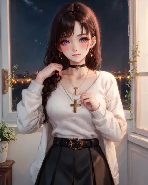 (masterpiece, sidelighting, finely detailed beautiful eyes: 1.2),GGAS_Fishnet <lora:GGAS_Fischnet:0.7> 1girl, bangs, belt, black choker, black hair, blush, breasts, brown eyes, choker, closed mouth, collarbone, cross earrings, dress shirt, ear piercing, earrings, jewelry, long sleeves, looking at viewer, necklace, piercing, see-through, skirt, solo, sweater, pink sweater, black skirt, miniskirt, French twist, kiss, night, night sky, window, indoors,, Masterpiece, best quality, <lora:Moxin_10:0.1> <lora:aMechaMusumeA_arc:0.2> <lora:akiryosMai_v15:0.2> <lora:fashionGirl_v50:0.2>
