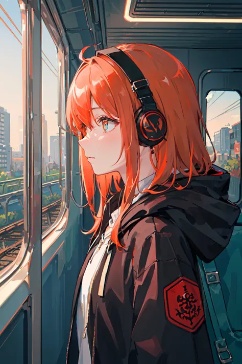 (masterpiece, sidelighting, ultra-detailed, finely detailed beautiful eyes: 1.2), 1girl, bag, building, from side, headphones, hood, hood down, hooded jacket, hoodie, jacket, long hair, orange hair, profile, red hair, solo, train, train interior, upper body, Masterpiece, best quality