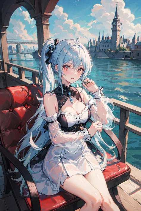 (masterpiece, sidelighting, finely detailed beautiful eyes: 1.2), 1girl, bangs, bare shoulders, blue sky, breasts, bridge, building, castle, city, cityscape, cloud, cloudy sky, day, detached sleeves, dress, hair ornament, long hair, looking at viewer, outdoors, red eyes, sitting, sky, solo, thighs, tower, town, side ponytail, very long hair, water, watercraft, white dress, wrist cuffs, Masterpiece, best quality, messy hair,