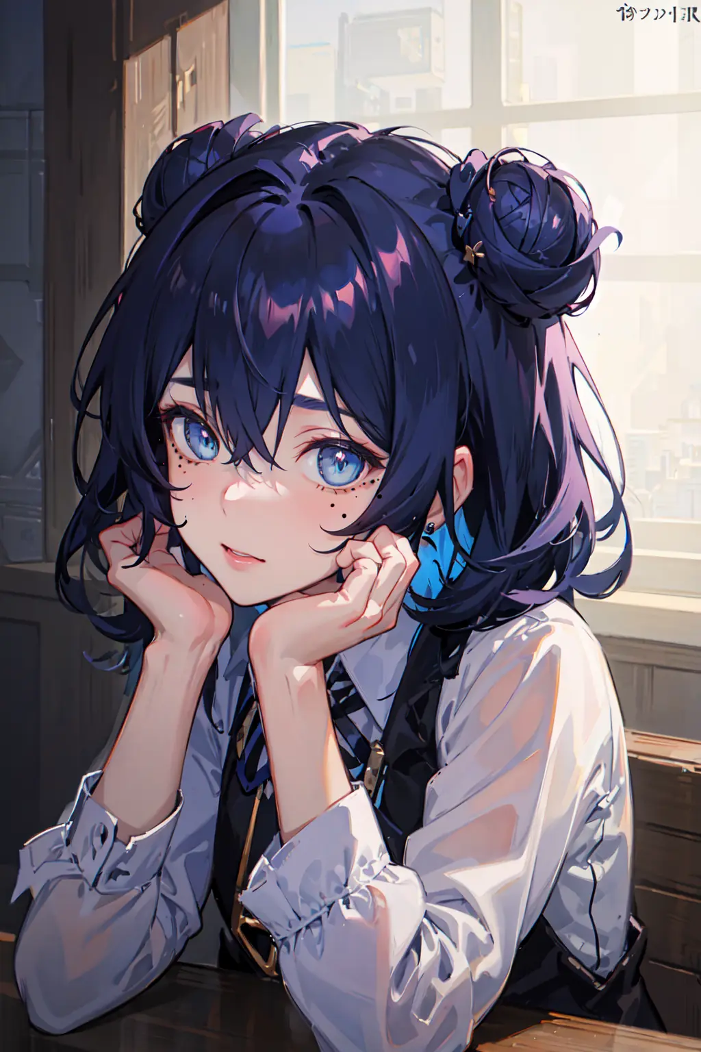 (masterpiece, sidelighting, finely detailed beautiful eyes: 1.2), 1girl, bangs, blue eyes, blue hair, eyebrows visible through hair, hair between eyes, hair bun, hands on own cheeks, hands on own face, head rest, jewelry, long sleeves, looking at viewer, medium hair, mole, mole under eye, solo, upper body, virtual youtuber, Masterpiece, best quality, messy hair, trending on artstation, 8k resolution, highly detailed, anatomically correct, sharp image, digital painting, concept art, trending on pixiv, style of makoto shinkai,
