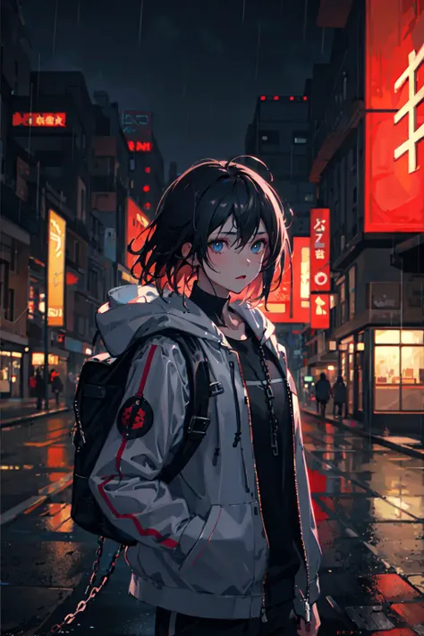 1girl, jacket, rain, outdoor, hoodie, open jacket, chain, backpack, looking at another, messy hair, trending on artstation, 8k resolution, highly detailed, anatomically correct, sharp image, digital painting, concept art, trending on pixiv, style of makoto shinkai,