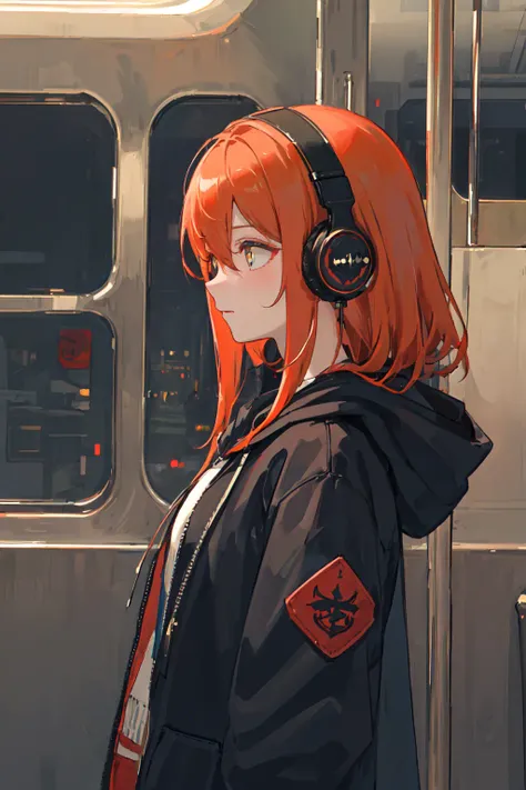 (masterpiece, sidelighting, ultra-detailed, finely detailed beautiful eyes: 1.2), 1girl, bag, building, from side, headphones, hood, hood down, hooded jacket, hoodie, jacket, long hair, orange hair, profile, red hair, solo, train, train interior, upper body, Masterpiece, best quality