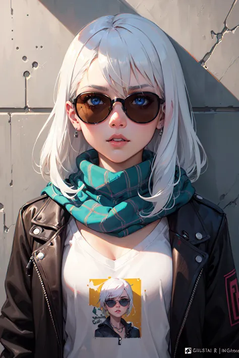 highly detailed portrait of a sewer emo punk lady student, sunglasses, blue eyes, tartan scarf, white hair by atey ghailan, by greg rutkowski, by greg tocchini, by james gilleard, by joe fenton, by kaethe butcher, gradient yellow, black, brown and magenta color scheme, grunge aesthetic!!! graffiti tag wall background, Masterpiece, best quality