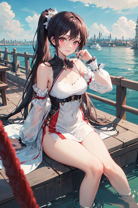(masterpiece, sidelighting, finely detailed beautiful eyes: 1.2), 1girl, bangs, bare shoulders, blue sky, breasts, bridge, building, castle, city, cityscape, cloud, cloudy sky, day, detached sleeves, dress, hair ornament, long hair, looking at viewer, outdoors, red eyes, sitting, sky, solo, thighs, tower, town, side ponytail, very long hair, water, watercraft, white dress, wrist cuffs, Masterpiece, best quality,
