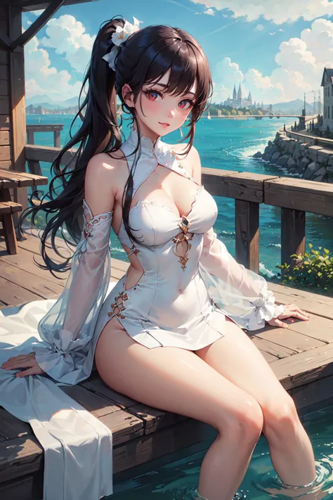 (masterpiece, sidelighting, finely detailed beautiful eyes: 1.2), 1girl, bangs, bare shoulders, blue sky, breasts, bridge, building, castle, city, cityscape, cloud, cloudy sky, day, detached sleeves, dress, hair ornament, long hair, looking at viewer, outdoors, red eyes, sitting, sky, solo, thighs, tower, town, side ponytail, very long hair, water, watercraft, white dress, wrist cuffs, Masterpiece, best quality,