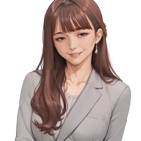 score_9, score_8_up, score_7_up, score_6_up, score_5_up, score_4_up, BREAK 1girl, yua yaiba, csr style, mature, mole near lip, smile, looking at viewer, brown hair, long hair, bangs, upper body portrait, grey formal suit, long sleeves, plain white background, <lora:Yua_Yaiba-000004:1>  <lora:cutesexyrobutts_style_xl_goofy:1>