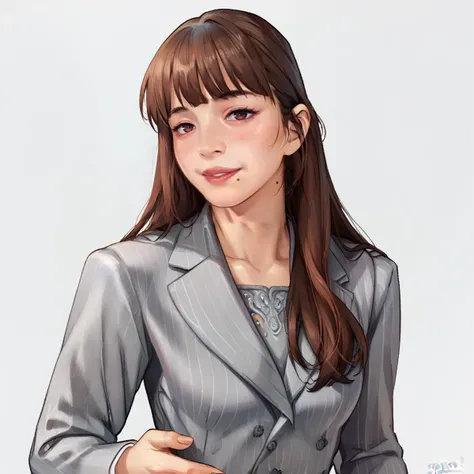 score_9, score_8_up, score_7_up, score_6_up, score_5_up, score_4_up, BREAK 1girl, yua yaiba, mole near lip, looking at viewer, brown hair, long hair, bangs, upper body portrait, grey formal suit, long sleeves, plain white background, <lora:Yua_Yaiba-000004:1>  <lora:reiq_style_xl_ilff:1>