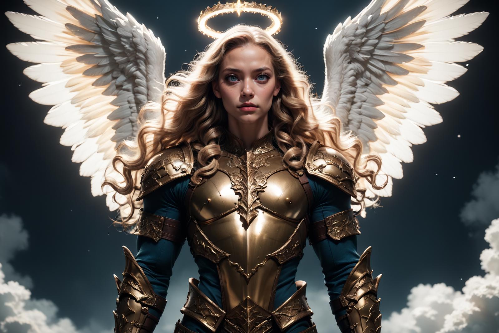 A woman in a gold armor with angel wings and a halo - SeaArt AI