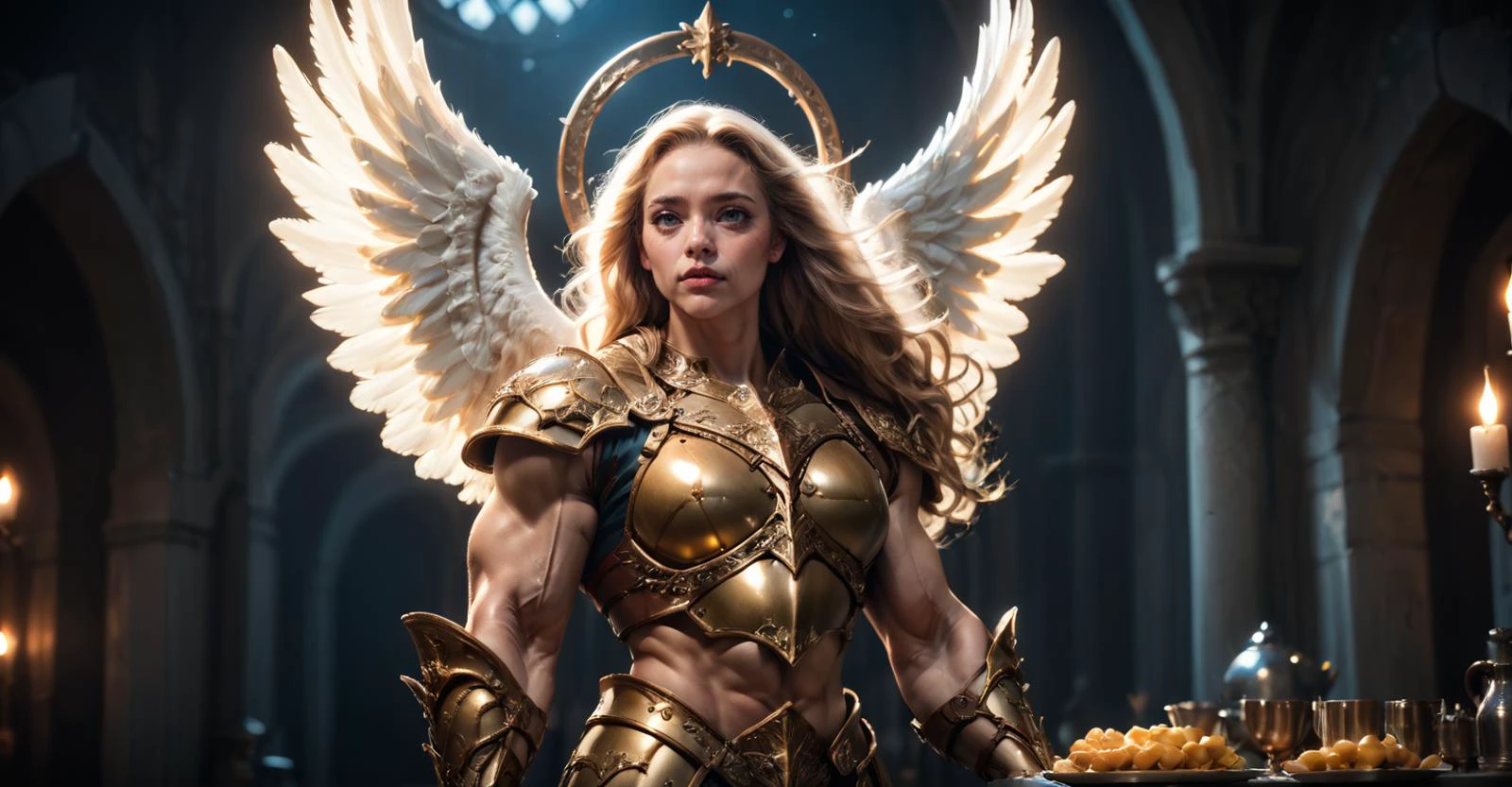 score_9, score_8_up, score_7_up, score_6_up, score_5_up, score_4_up, 4k, detailed, high quality BREAK, soft bounced lighting,
1girl, muscular, blond, long hair, angel wings, golden spheres, celestial beauty, golden plate armor, breastplate,
<lora:Astraali_FSR_pony:1>