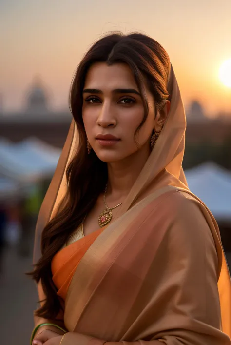 long shot scenic professional photograph of (best quality raw photo) of (Krit1S4n0n01:0.99), (masterful photography:1.1), model shot style, (wearing  a modest sari:1.2), pore correlation, skin imperfections, outdoor on at (indian market in delhi:1.1),( sunrise:1.2),   <lora:add_detail:0.4>, perfect viewpoint, highly detailed, wide-angle lens, hyper realistic, with dramatic sky, polarizing filter, natural lighting, vivid colors, everything in sharp focus, HDR, UHD, 64K, detailed skin texture, (blush:0.5), (goosebumps:0.5), subsurface scattering