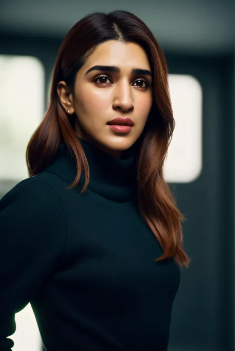 (best quality raw photo) of (Krit1S4n0n01:0.99), (masterful photography:1.1), model shot style, wearing a turtle neck,, RAW candid cinema, 16mm, color graded portra 400 film, remarkable color, ultra realistic, textured skin, remarkable detailed pupils, realistic dull skin noise, visible skin detail, skin fuzz, dry skin, shot with cinematic camera, detailed skin texture, (blush:0.2), (goosebumps:0.3), subsurface scattering