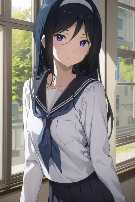 fuyumiirisu, <lora:fuyumi irisu s1-lora-nochekaiser:1>,
fuyumi irisu, long hair, (purple eyes:1.1), black hair, hair between eyes, hairband,
BREAK skirt, school uniform, serafuku, kamiyama high school uniform \(hyouka\), black skirt, long sleeves, black sailor collar,
BREAK indoors, classroom,
BREAK looking at viewer, (cowboy shot:1.5),
BREAK <lyco:GoodHands-beta2:1>, (masterpiece:1.2), best quality, high resolution, unity 8k wallpaper, (illustration:0.8), (beautiful detailed eyes:1.6), extremely detailed face, perfect lighting, extremely detailed CG, (perfect hands, perfect anatomy),