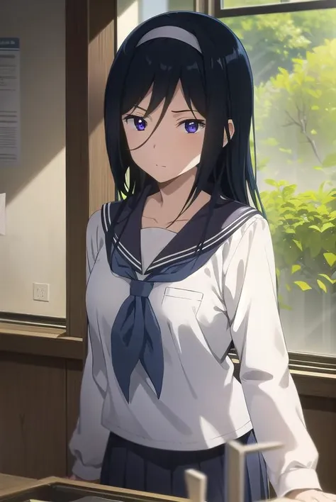 fuyumiirisu, <lora:fuyumi irisu s1-lora-nochekaiser:1>,
fuyumi irisu, long hair, (purple eyes:1.1), black hair, hair between eyes, hairband,
BREAK skirt, school uniform, serafuku, kamiyama high school uniform \(hyouka\), black skirt, long sleeves, black sailor collar,
BREAK indoors, classroom,
BREAK looking at viewer, (cowboy shot:1.5),
BREAK <lyco:GoodHands-beta2:1>, (masterpiece:1.2), best quality, high resolution, unity 8k wallpaper, (illustration:0.8), (beautiful detailed eyes:1.6), extremely detailed face, perfect lighting, extremely detailed CG, (perfect hands, perfect anatomy),
